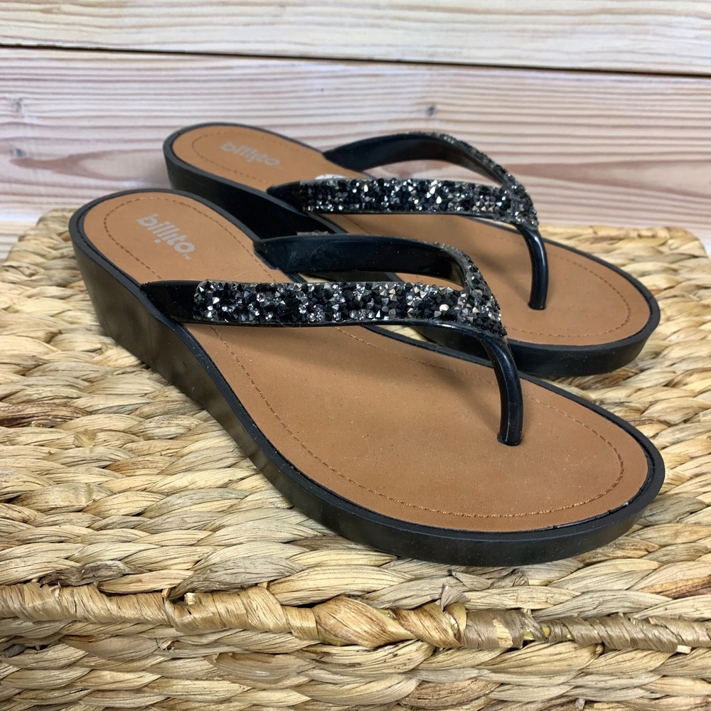 Billito Sandals 6 Black‎ Silver Glitter Embellished Wedge Thongs Resort Beach